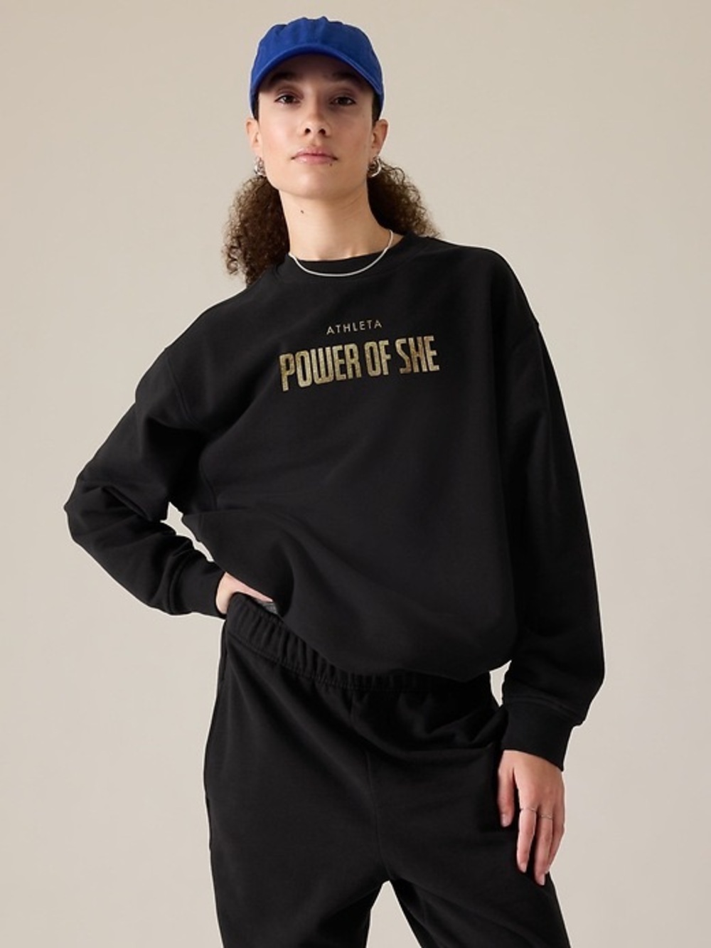 Athleta Black Crewneck Sweatshirt with Gold 'Power of She' Logo